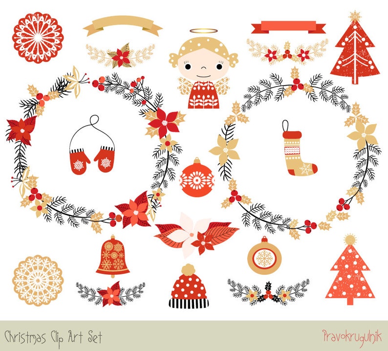 Cute Christmas clipart set, Holiday digital Christmas border clipart, Merry Christmas Wreath Clipart, Holiday Wreath Clip Art, Round frame image 2