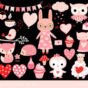 Cute Valentine animal clipart, Pink kawaii animal clip art, Valentine clip art, Love clipart, bunny, penguin, fox, cat, owl, bird, hedgehog image 4