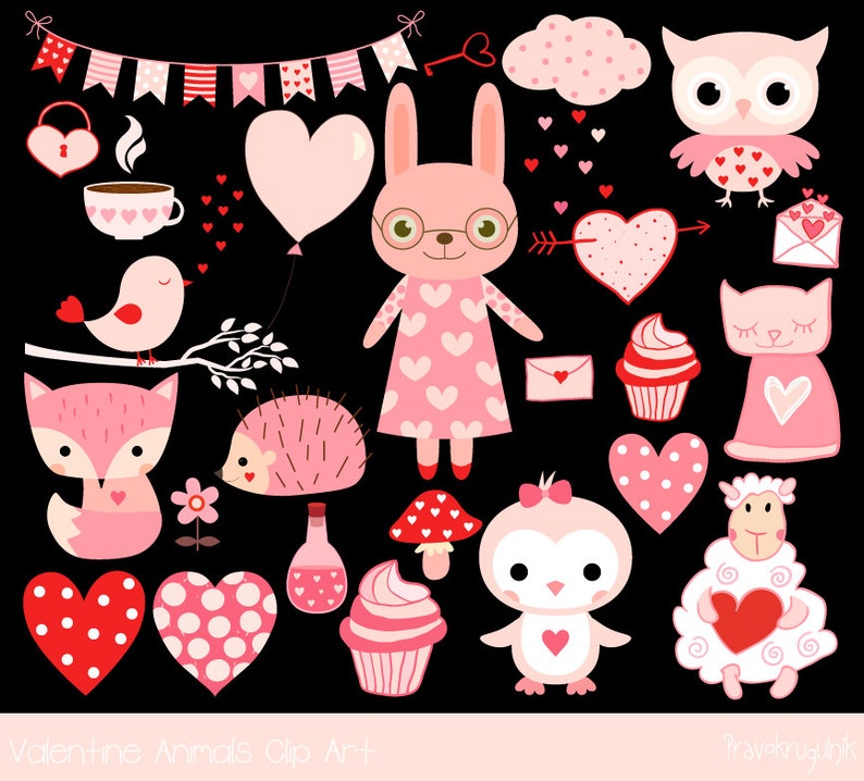 Cute Valentine animal clipart, Pink kawaii animal clip art, Valentine clip art, Love clipart, bunny, penguin, fox, cat, owl, bird, hedgehog image 4