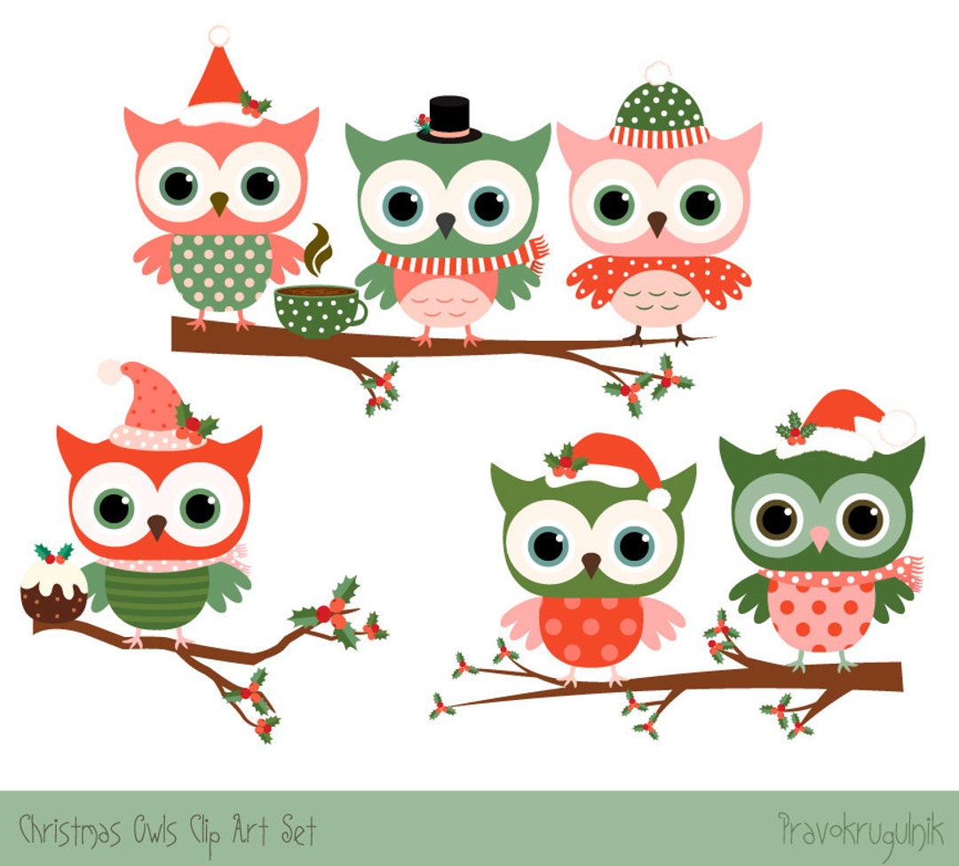 Christmas Owl Clipart Set, Cute Christmas Clipart, Cute Owl Clip Art