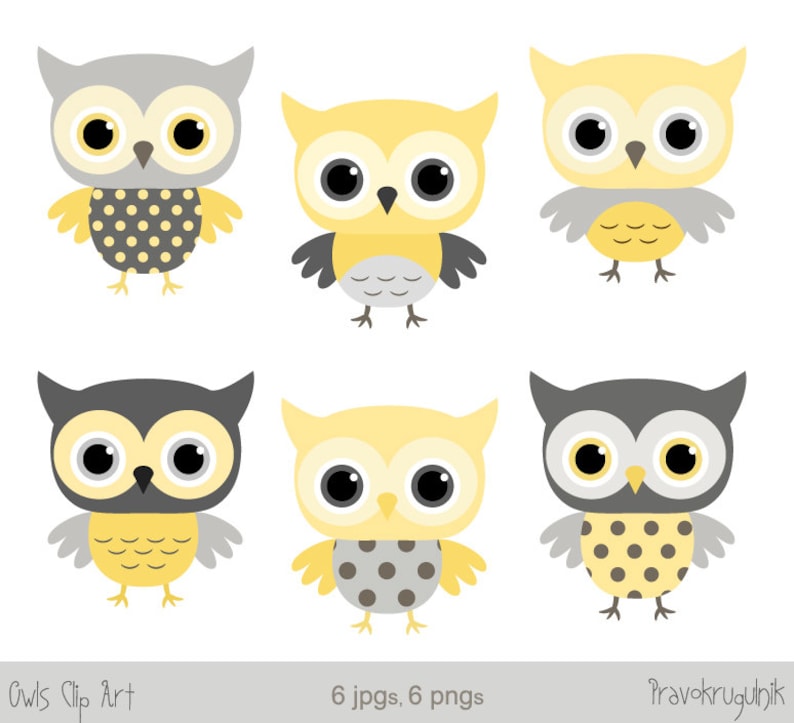 Grey and yellow baby shower owl clipart, Baby boy owl clip art, Boy nursery clipart, Digital download image 1