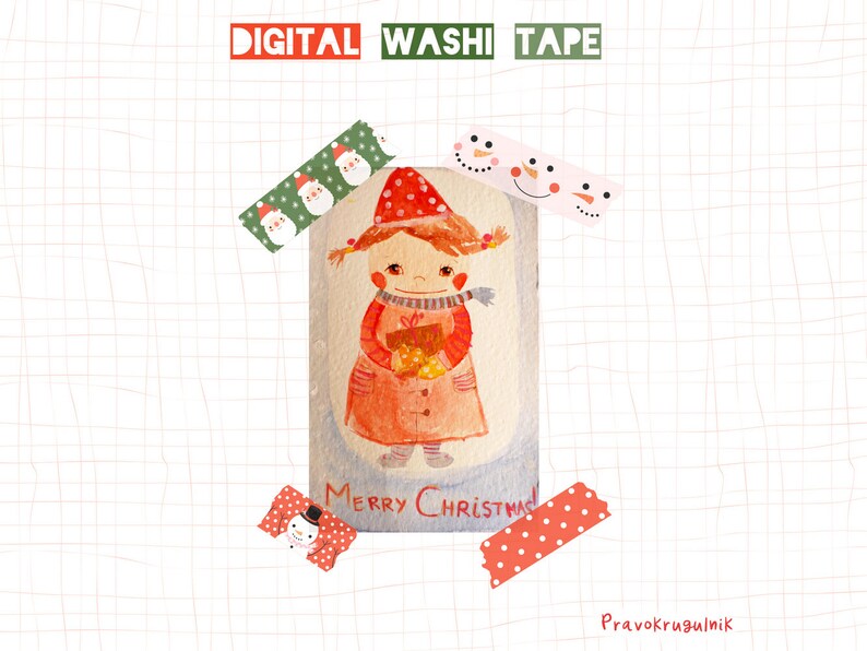 Cute Digital Washi Tape Clip Art, Christmas Red Green Washi Tape Sticker, Santa Snowman Digital Torn Paper Tape Set, Individual PNG Files image 2