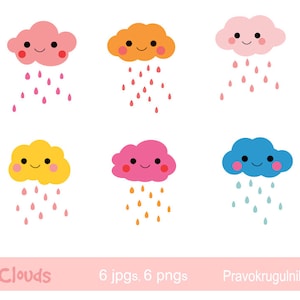 Raindrop clouds clipart, Cute clouds clipart, Colorful cloud clip art, Weather clipart, Kawaii Rain cloud, Baby shower, Cloudy weather icons