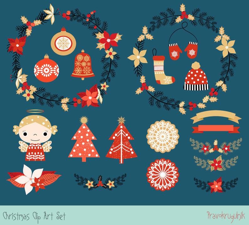 Cute Christmas clipart set, Holiday digital Christmas border clipart, Merry Christmas Wreath Clipart, Holiday Wreath Clip Art, Round frame image 3