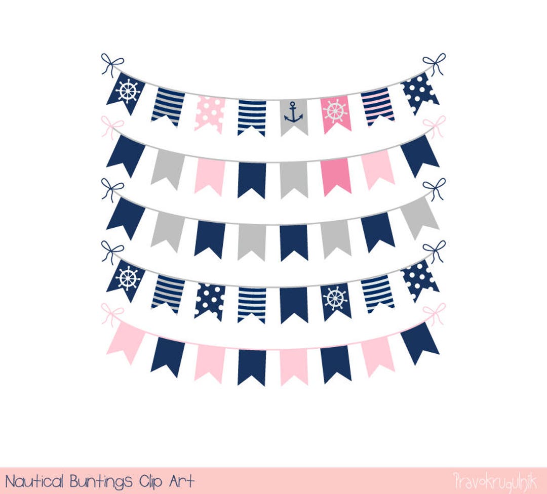 Girl Nautical Bunting Clipart, Birthday Party Bunting Clip Art, Pink