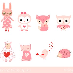 Cute Valentine animal clipart, Pink kawaii animal clip art, Valentine clip art, Love clipart, bunny, penguin, fox, cat, owl, bird, hedgehog image 2