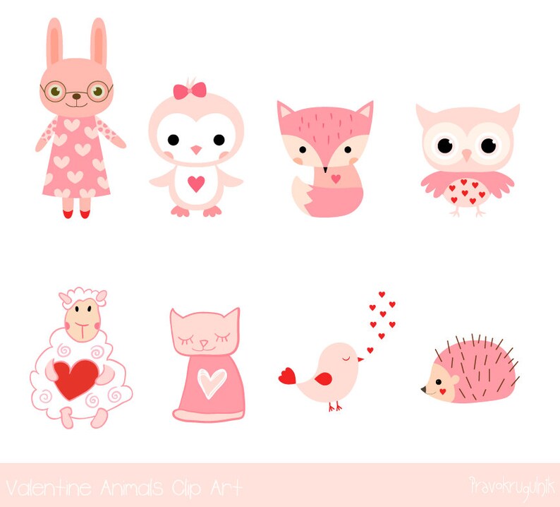 Cute Valentine animal clipart, Pink kawaii animal clip art, Valentine clip art, Love clipart, bunny, penguin, fox, cat, owl, bird, hedgehog image 2