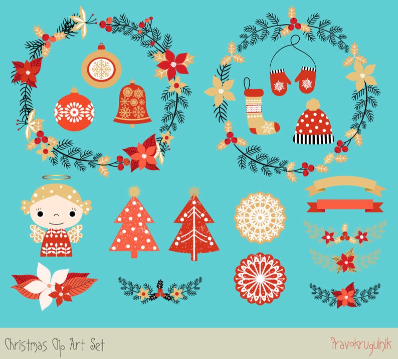 Cute Christmas clipart set, Holiday digital Christmas border clipart, Merry Christmas Wreath Clipart, Holiday Wreath Clip Art, Round frame image 5