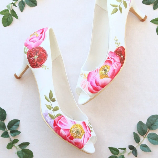 Coral Charm Pink Peony and David Austin Juliet Rose print Hand-painted Custom Peeptoe Wedding Shoes