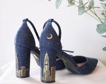 Hand painted New York Skyline Navy Art Deco shoes