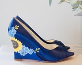 Sunflower and Larkspur Hand-painted Custom Navy Satin Wedge Wedding Shoes