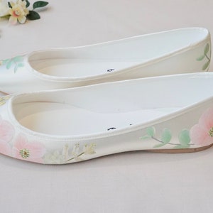 Pink Anemone, Eucalyptus and Ladybird print Hand-painted Custom Flat Wedding Shoes image 3