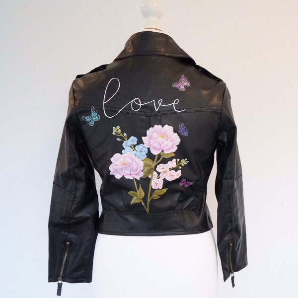 Hand-painted wedding love jacket with pink peonies, delphiniums and butterflies - Jacket Included!