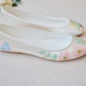 Pink Anemone, Eucalyptus and Ladybird print Hand-painted Custom Flat Wedding Shoes image 2