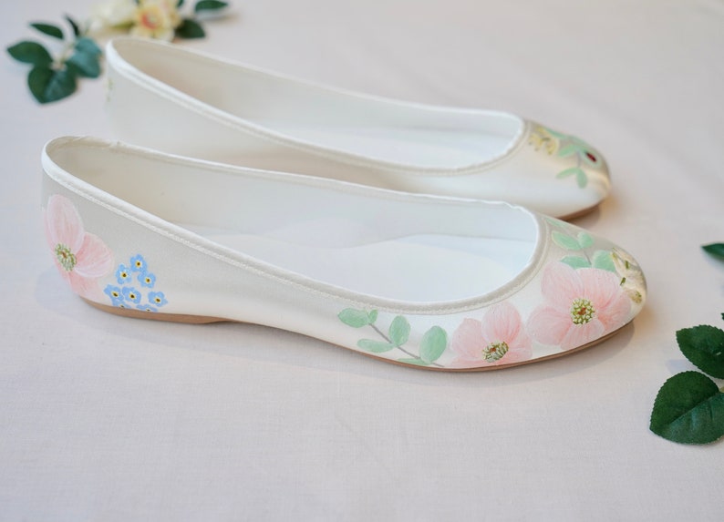 Pink Anemone, Eucalyptus and Ladybird print Hand-painted Custom Flat Wedding Shoes image 2