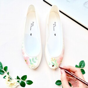 Pink Anemone, Eucalyptus and Ladybird print Hand-painted Custom Flat Wedding Shoes image 1