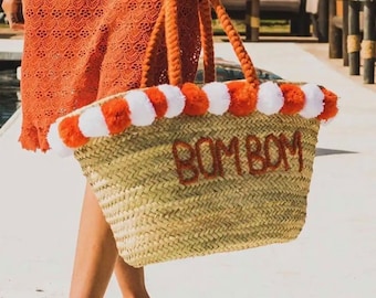 Custom Jute Embroidered Name Beach Bag - Bride, name, Mrs, Just Married with pom poms