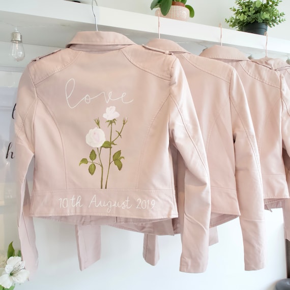 Hand painted Blush Pink Faux Leather Jacket With White Rose