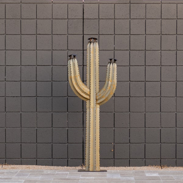 Steel Saguaro Cactus Torch: Desert Garden Art Sculpture