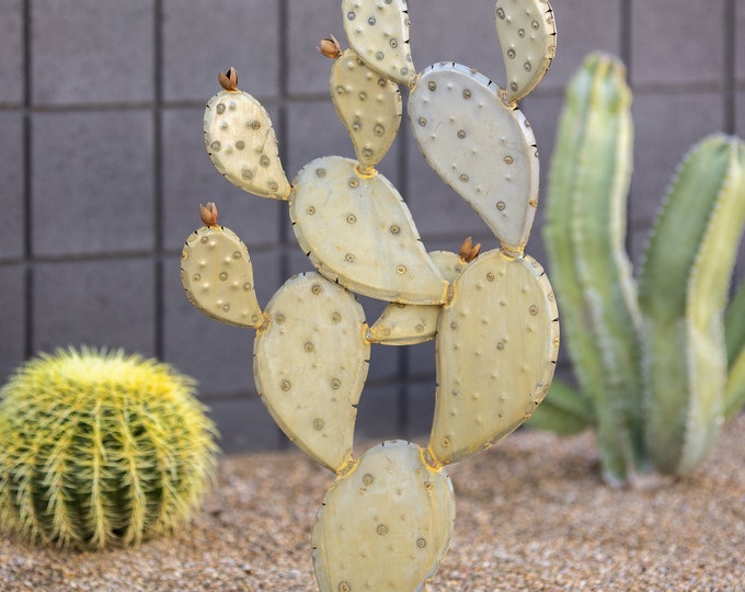 Galvanized Steel Prickly Pear Cactus Sculpture: Desert Yard Art