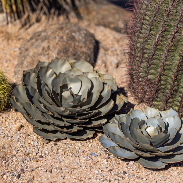 Blue Rose Metal Succulent Sculpture: Desert Landscaping Yard Art