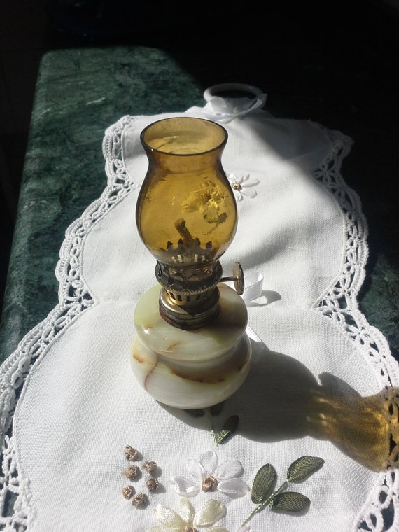 4.33"  Miniature   Lamp, Oil Lamp on Marble, Country Cottage Style, colors of nature in spring, easter, st patrick's day
