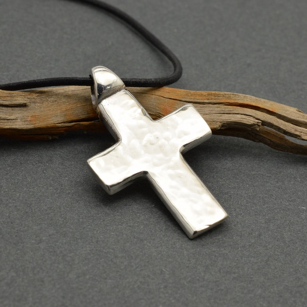 Collier croix en argent sterling, pendentif croix martelée solide pour homme en argent cadeau de baptême lourd grande croix unisexe