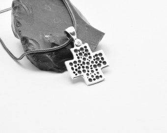 sterling silver cross necklace square cross pendant with dot pattern modernist christianity symbol - artisan unisex cross