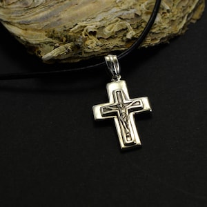 Crucifix cross necklace, sterling silver simple cross pendant, rustic cross religious jewelry black leather necklace