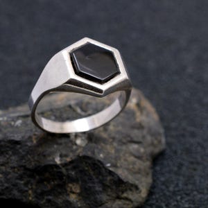 Sterling Silver Black Onyx Ring - Hexagon Gemstone Ring - Men&#39;s Silver Statement Ring - Onyx Signet Ring - US Size 10 - Gift for Him