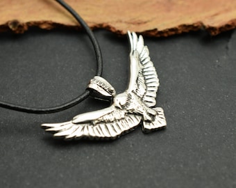 Sterling silver eagle necklace, flying eagle pendant rustic wild life eagle jewelry, unisex artisan solid big eagle charm