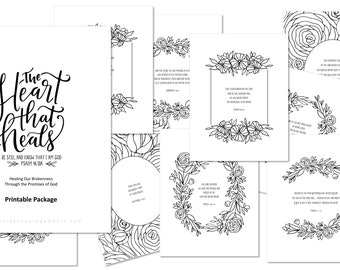 Paquete imprimible El corazón que sana: 10 páginas para colorear con versículos de la Biblia, descarga en PDF