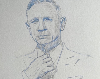 Dibujo original a lápiz de Daniel Craig (James Bond) realizado por Chris Naylor.