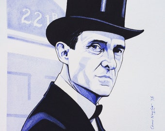 Impressão artística de edição limitada de JEREMY BRETT (Sherlock Holmes) da pintura original em aquarela/guache de Chris Naylor