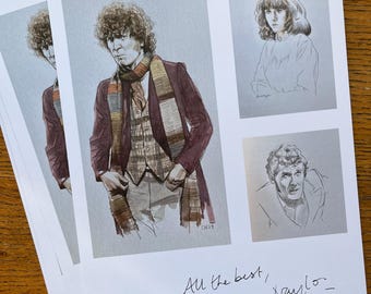 May include: A signed print of a drawing of a man with curly hair wearing a brown jacket and a scarf. The print also features drawings of two other people. The signature reads "All the best, Chris Naylon".