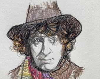 Unique and very cool ORIGINAL pencil drawing of TOM BAKER (Doctor Who) by Chris Naylor