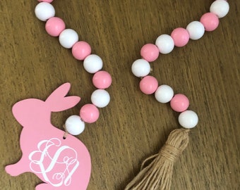 Pink and White wooden bead garland strand w monogrammed bunny !! So Cute !!