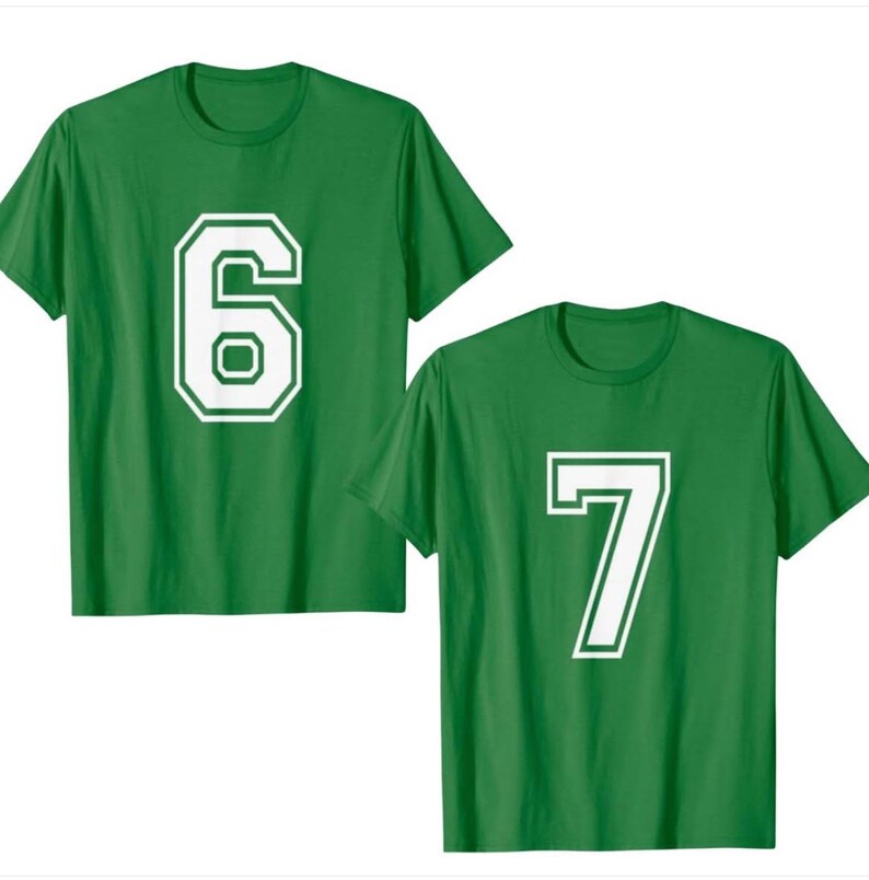 May include: Two green t-shirts, each with a large white number. One shirt displays the number 6, and the other displays the number 7. The numbers have a white border. The shirts are short-sleeved.