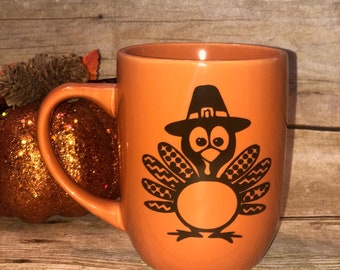 Turkey coffee or tea mugs ! Perfect for Thanksgiving or Fall  ! Pumpkin color ! Monogram the middle !