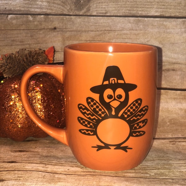 Turkey coffee or tea mugs ! Perfect for Thanksgiving or Fall  ! Pumpkin color ! Monogram the middle !