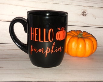 HELLO PUMPKIN coffee or tea mugs ! Perfect for Halloween , Fall or Thanksgiving . Pumpkin color !