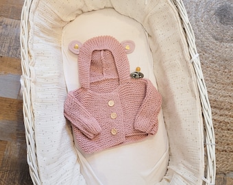 Brassière de naissance en laine pour bébé - thème ourson vieux rose