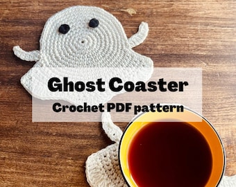 Patrón de Posavasos Fantasma de Crochet: Aplique de Halloween (Descarga digital en PDF)
