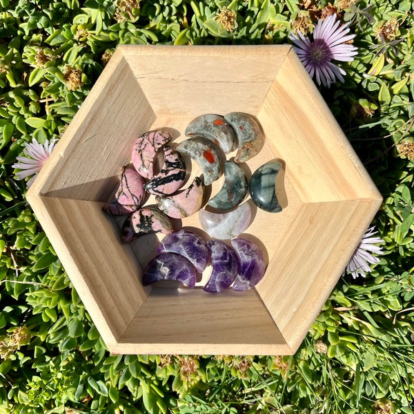 Flower Agate, Amethyst, Rhodonite, and Bloodstone Mini Moon Carvings