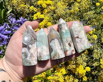 Green Flower Agate Tower - Healing Crystal - Compassion, Generosity, Justice