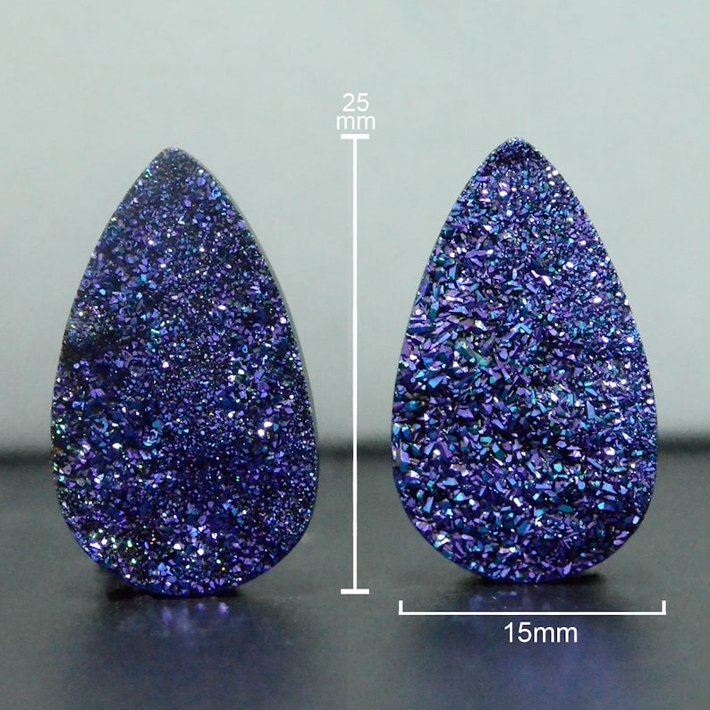 Pear Shape Cut Flat Druzy Peacock Purple Green Drusy Sparkling Druzy Pairs-DS1285 Set of 2 25 x 15 mm for Jewelry Making /& Wire Wrapping