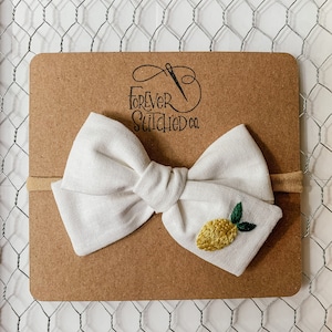 Lemon Bow | Embroidered Bow | Summer Bow | Custom Bow | Linen Bow | Bow Headband | Bow Clip | Baby Bow | Toddler Bow | Hair Clip
