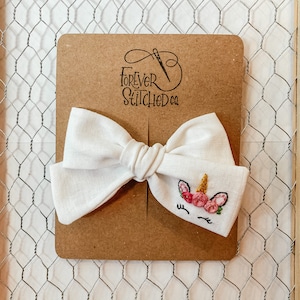 Unicorn Bow | Embroidered Bow | Custom Bow | Linen Bow | Bow Headband | Bow Clip | Baby Bow | Toddler Bow | Hair Clip