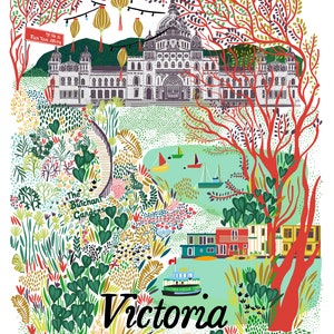 May include: A colorful illustration of Victoria featuring the Parliament Buildings, The Butchart Gardens, Fan Tan Alley, and a harbor with boats. The word Victoria is written in large black script at the bottom, with vibrant red trees and green foliage framing the scene.