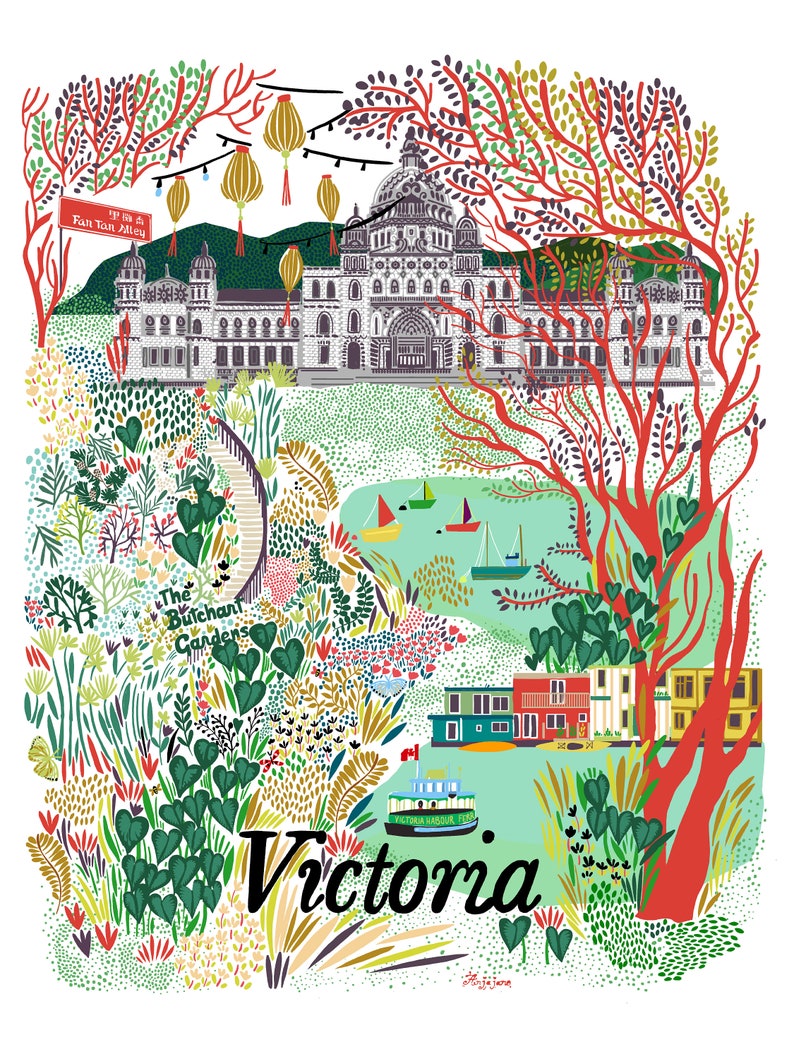 May include: A colorful illustration of Victoria featuring the Parliament Buildings, The Butchart Gardens, Fan Tan Alley, and a harbor with boats. The word Victoria is written in large black script at the bottom, with vibrant red trees and green foliage framing the scene.